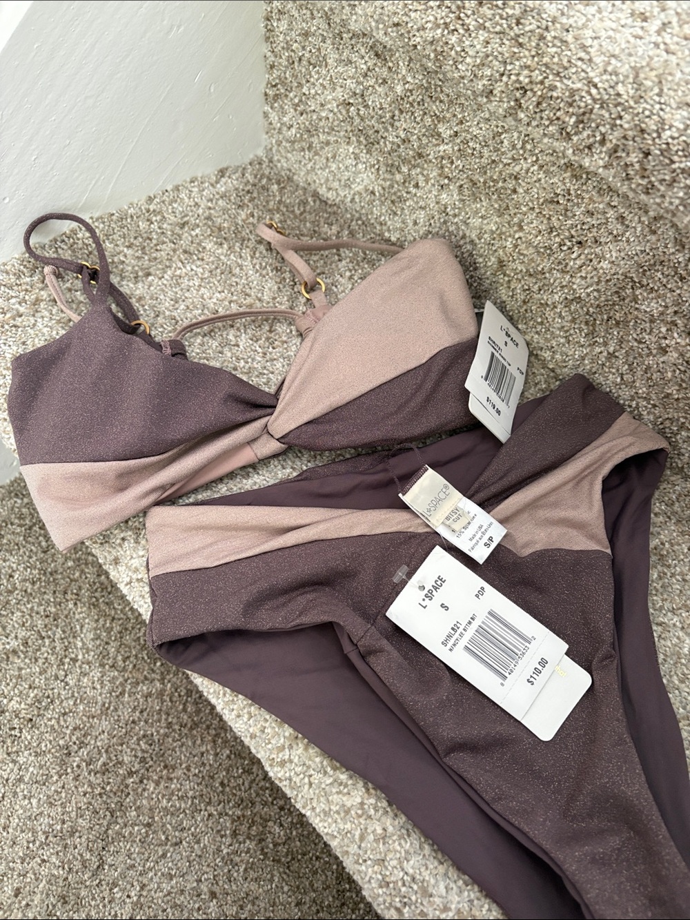 L-Space Two-Tone Mauve & Dusty Pink Bikini Set nwt